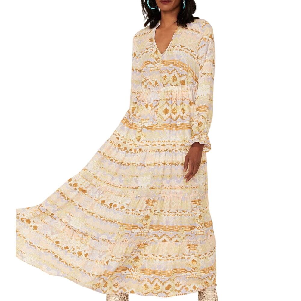 Shyanne Ivory Multicolor Watercolor Southwestern Country Long Sleeve Maxi Dress